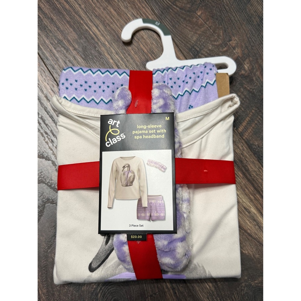 Art Class Girls 3 Piece Pajama Set Swan Long Sleeve Top Shorts Spa Headband M 8